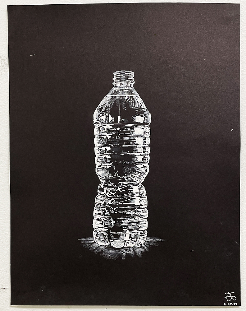 Waterbottle drawn on dark paper