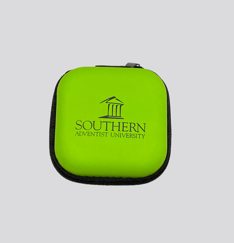 A small square padded zippered pouch with Southern's logo printed in black.