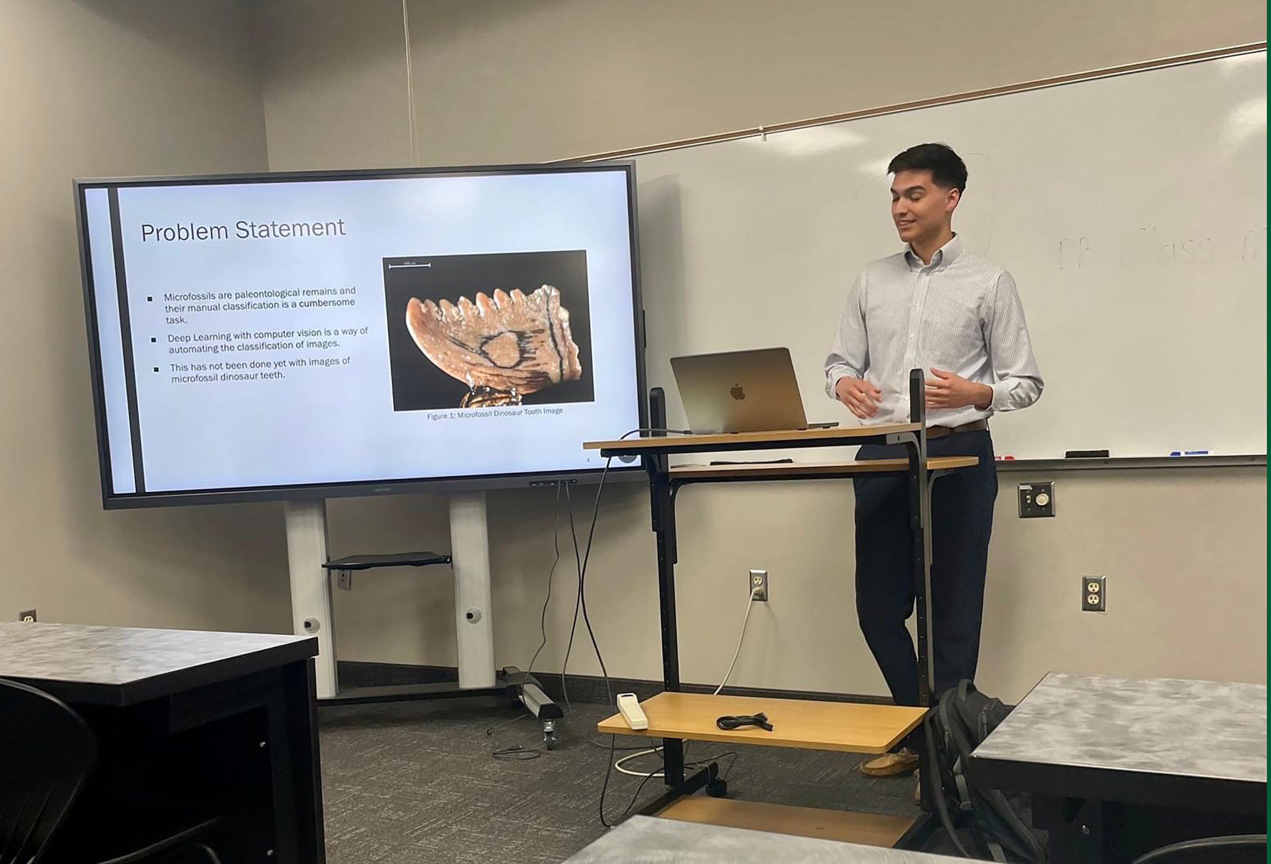 Jacob Bahn shares a presentation about using AI to classify dinosaur teeth